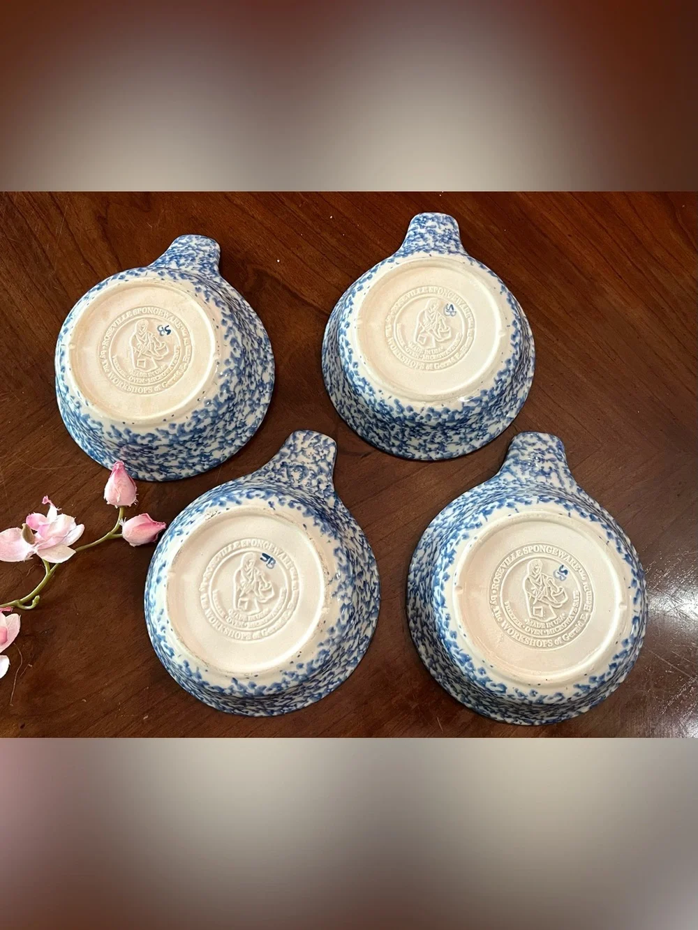 VTG 4-Set Gerald E. Henn Blue Roseville Spongeware Single Handle Soup Bowls